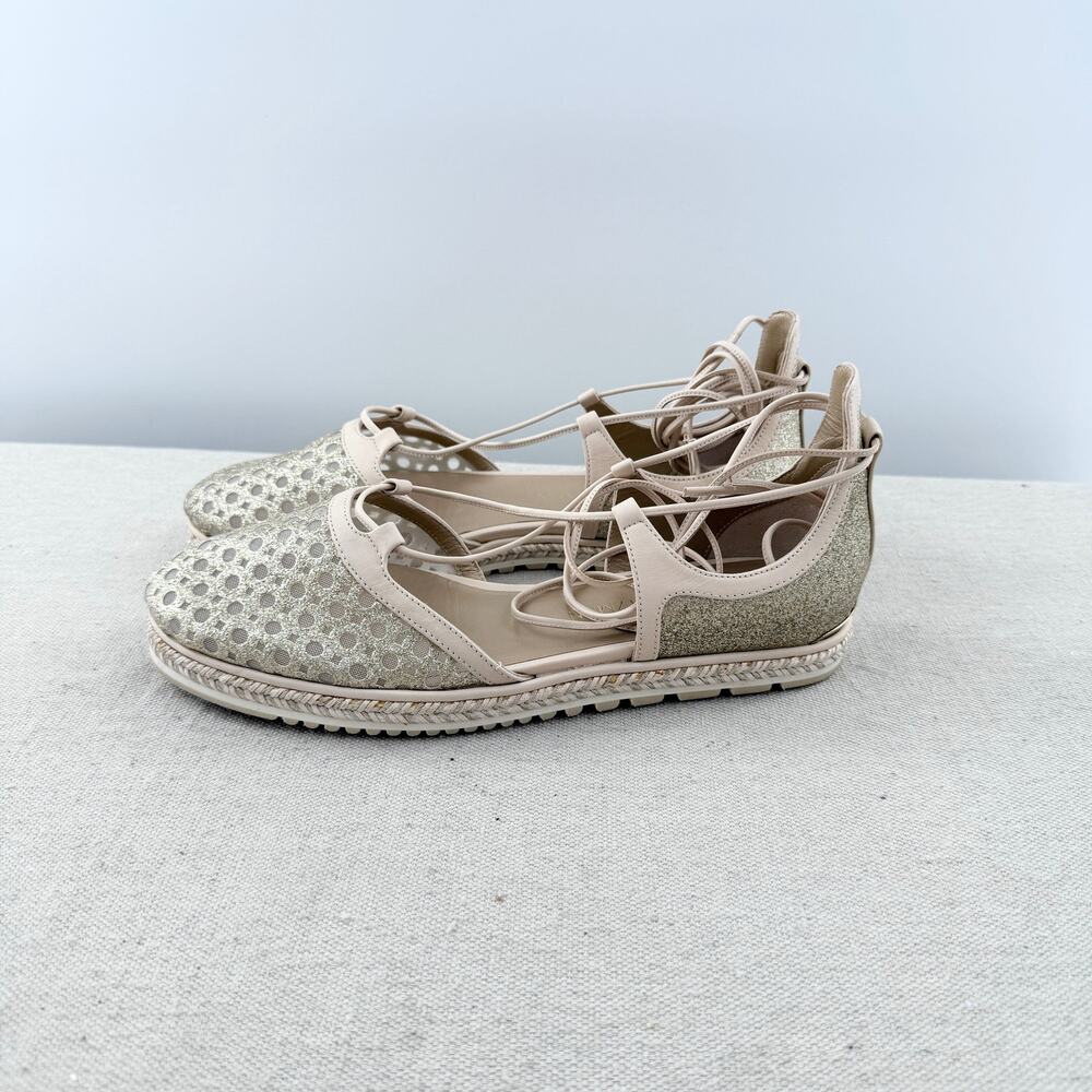 Stuart Weitzman Mesh Lace Up Gladiator Espadrille Sandal Gold Women's Size 8